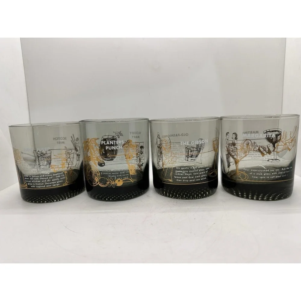 Vintage 1960s Smoky Gray Cocktail Recipe Rocks Glasses Gold MCM Set of 4